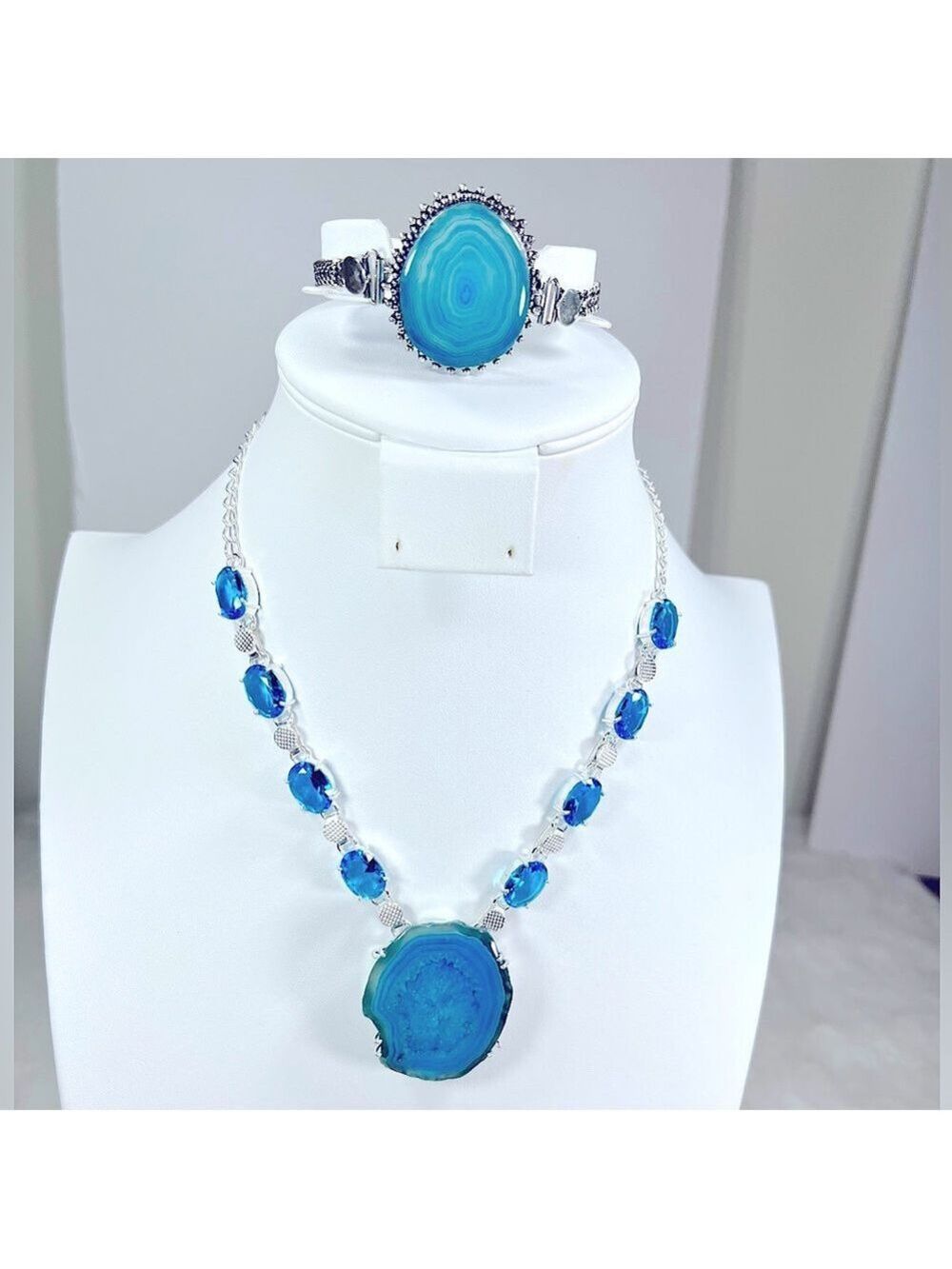 925 Blue Solar Quartz & Blue Topaz Necklace and Bracelet Set